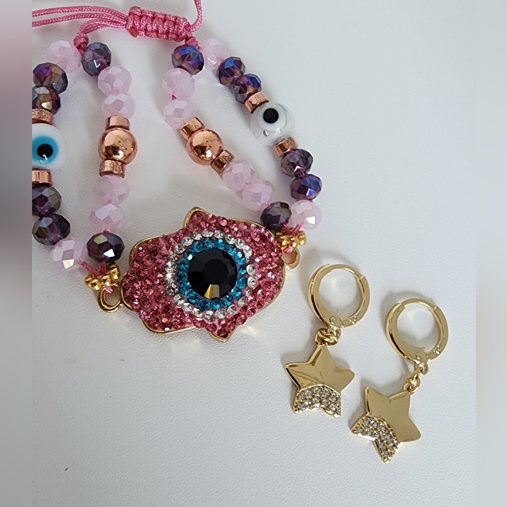 Hot Trend Evil Eye Bracelet Pink Adjustable + Gold Star Earrings Bundle Cute
